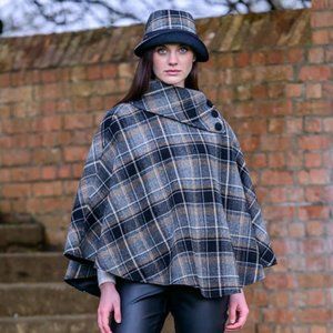 New Wool Button Neck Cape Cloak Poncho Black Gray Tan Plaid Made in Ireland
